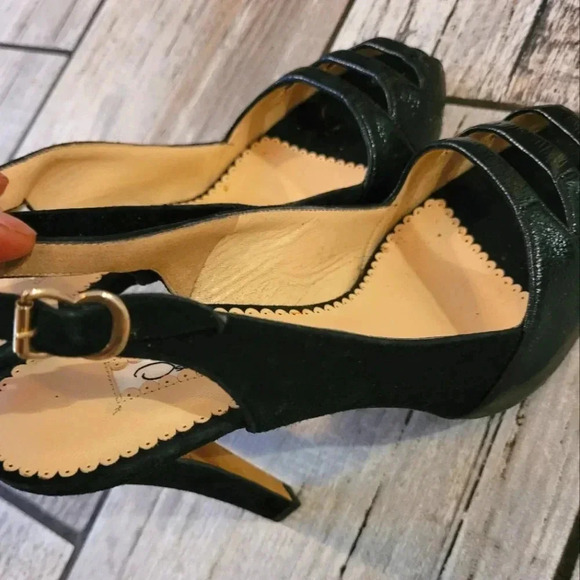 OSCAR DE LA RENTA Black patent leather suede slingback peep-toe heels shoes 6.5 - Picture 8 of 16